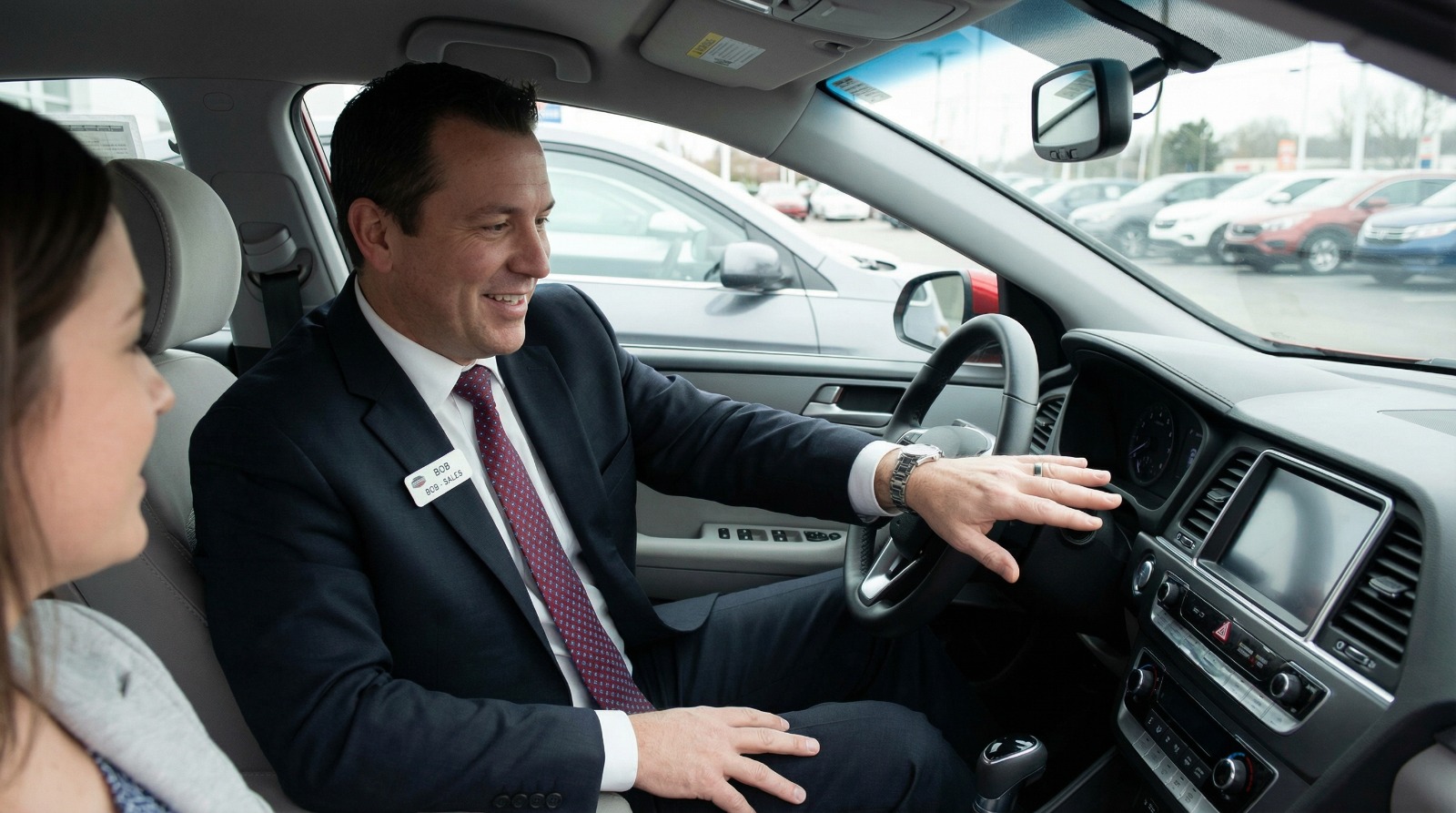 Handlowiec w samochodzie rozmawia z klientką