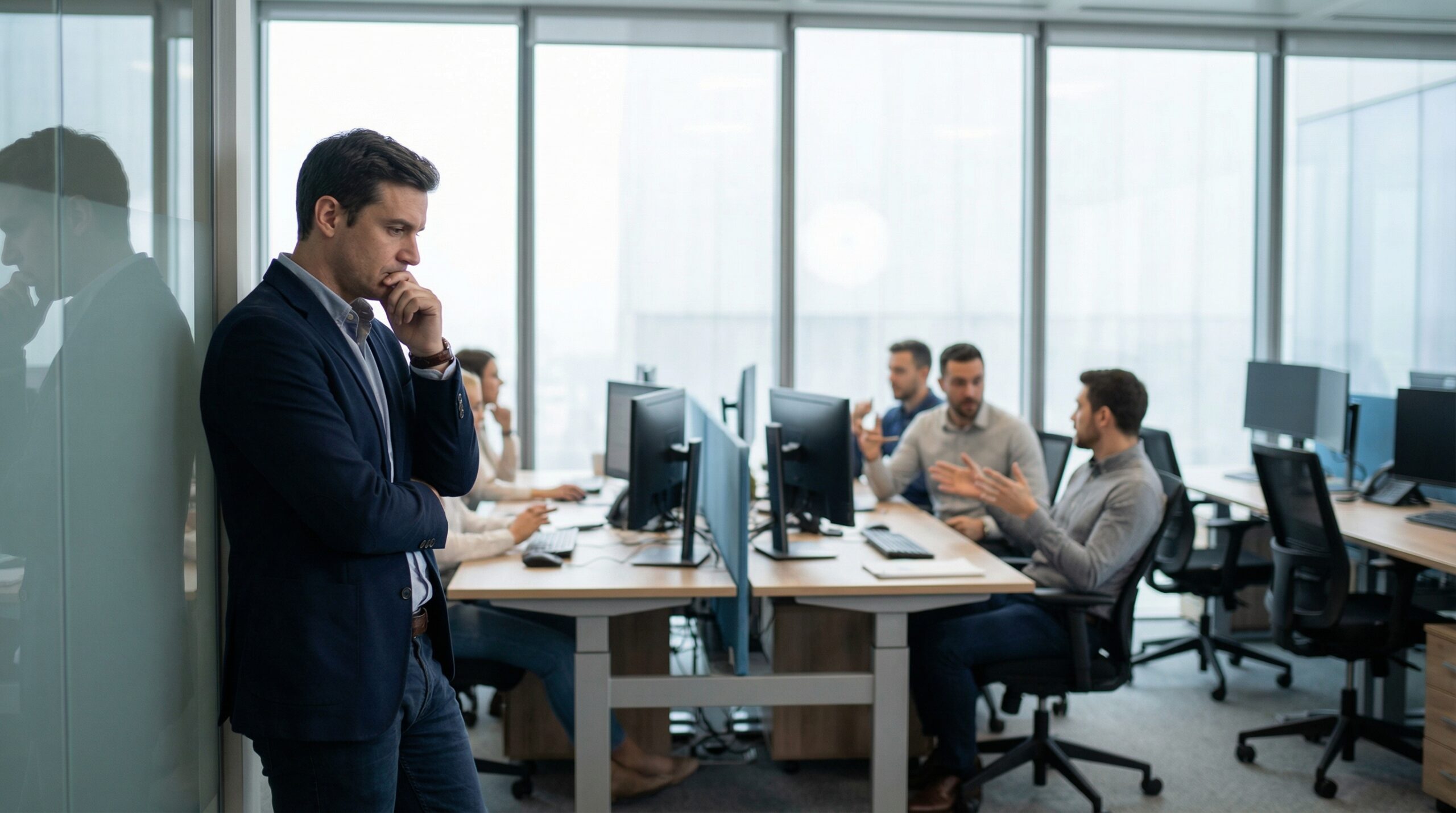 Menedżer sprzedaży obserwujący zespół handlowców w nowoczesnym środowisku pracy B2B