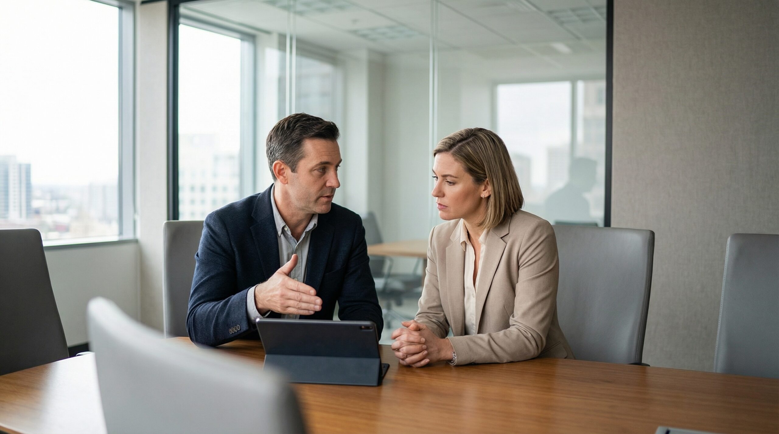 Rozmowa sprzedażowa B2B, handlowiec spokojnie prezentuje wartość oferty podczas spotkania z klientem